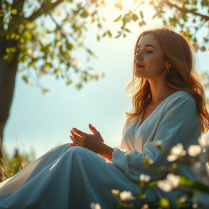 Revenir à Dieu en douceur : femme en prière, assise paisiblement sous un arbre au soleil