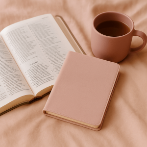 Journaling spirituel avec une Bible, un carnet rose et une tasse de thé